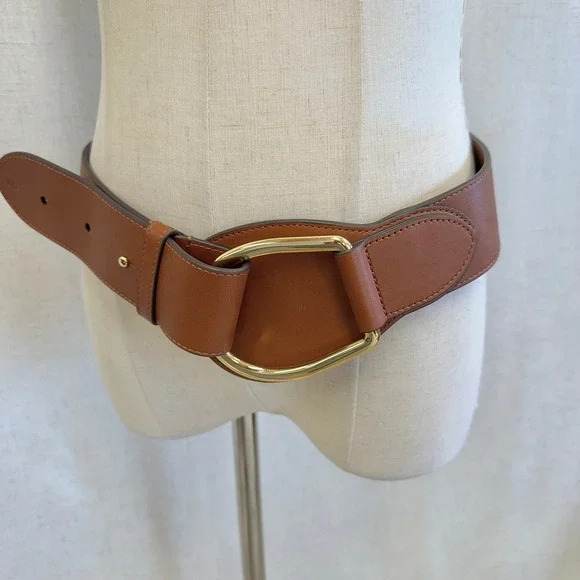 Lauren Ralph Lauren Brown Leather Wide Waist Belt Gold Stirrup Buckle Medium - Picture 11 of 12